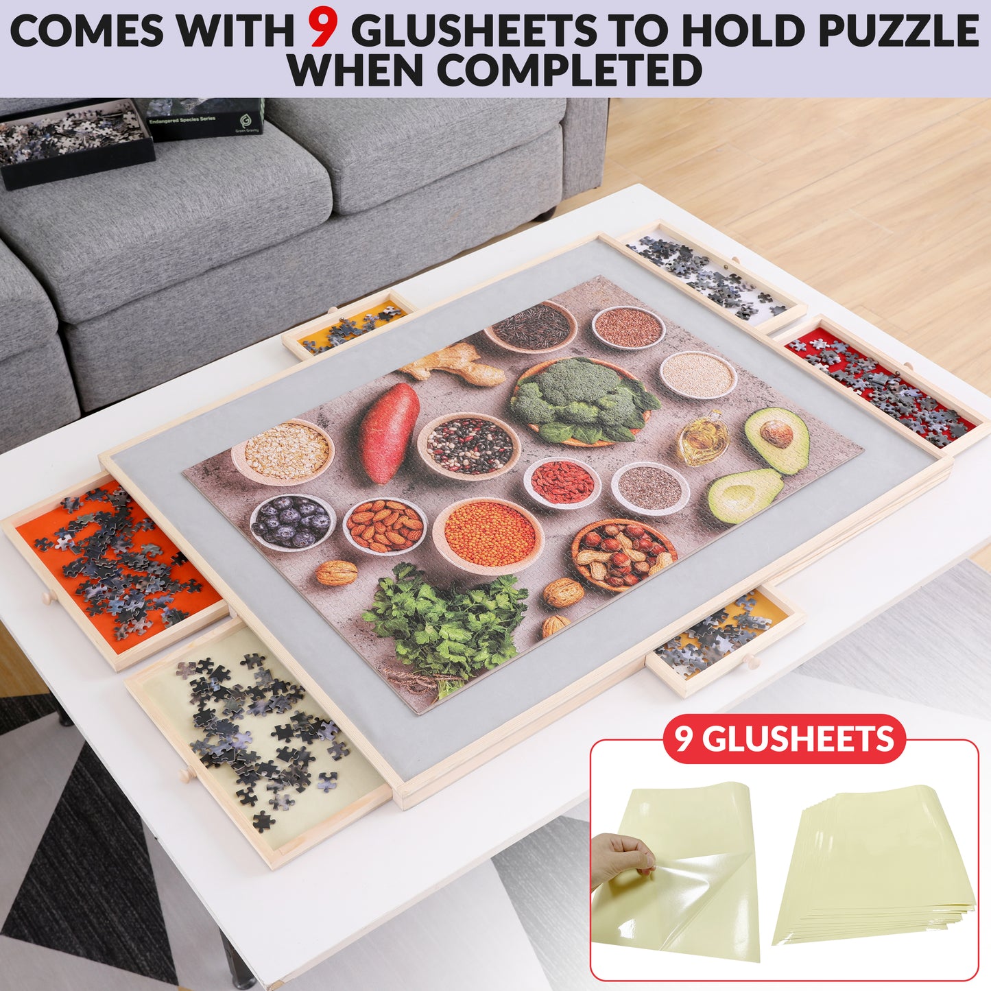 1500 piece jigsaw puzzle board table cover mat gluesheets hangers drawers storage magnetic