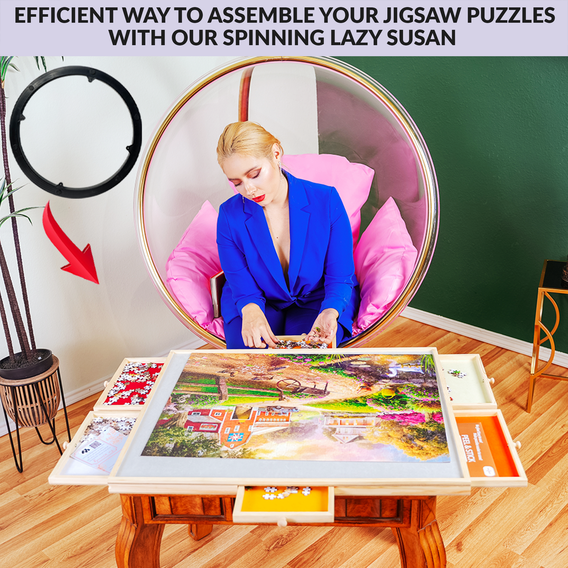 360° Rotating Puzzle Board Wooden Puzzle Table with 4 Drawers